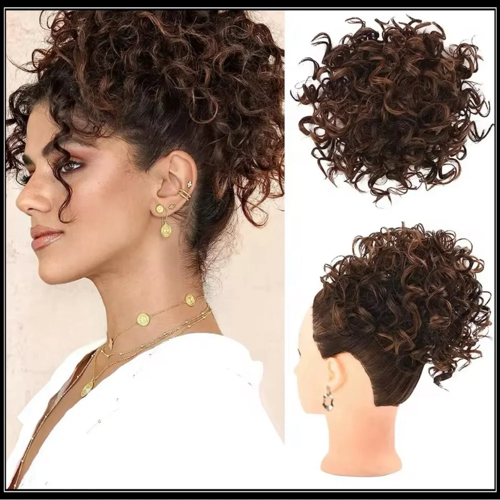 RICH CHOCOLATE WALNUT BROWN CURLY UPDO MESSY BUN HAIR DO WIG PIECE ACCESSORY - Picture 1 of 7